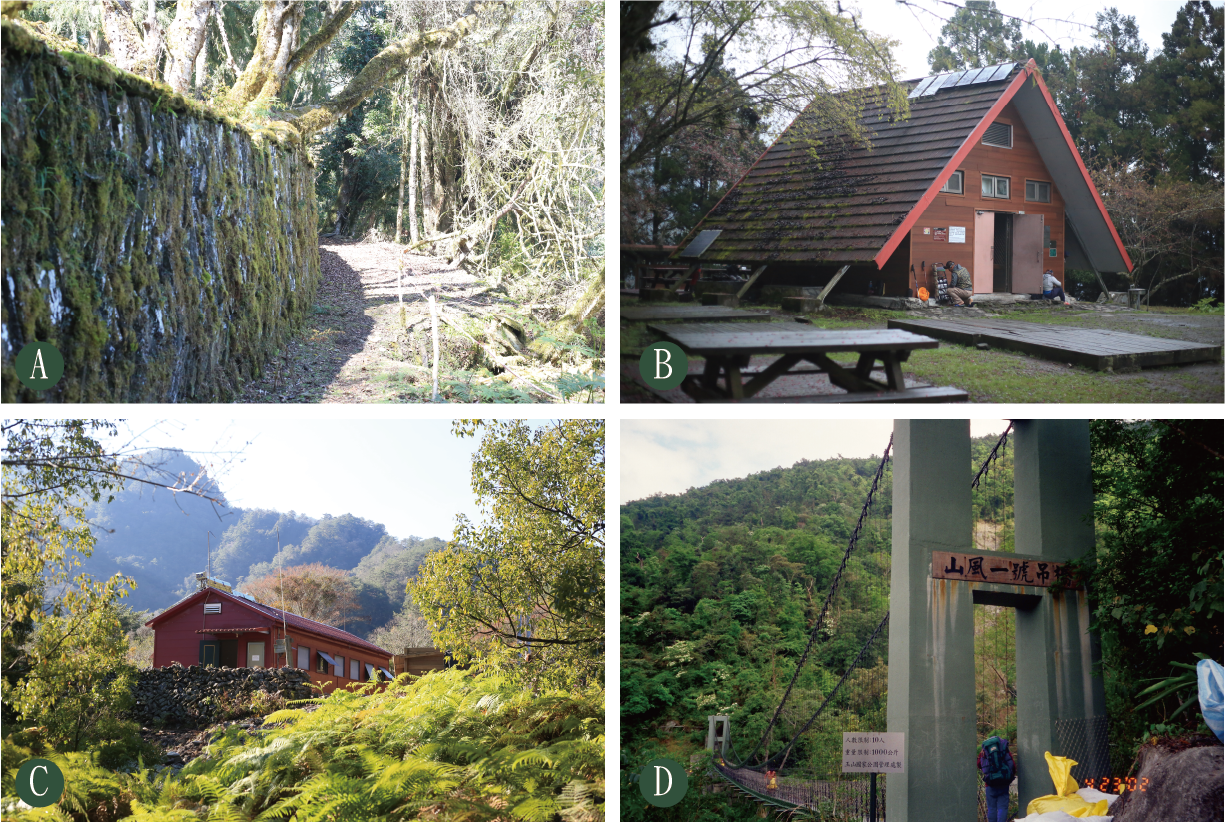 A.多美麗駁坎  B.瓦拉米山屋  C.大分山屋山  D.風一號吊橋